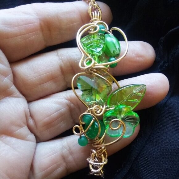 Whimsical Spring Bracelet - Green Leaves Butterflies Flowers! Uniquely Handmade - Picture 6 of 11